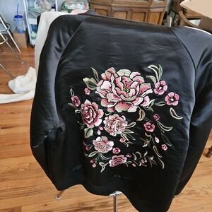 Forever 21 Black Bomber Jacket with Floral Embroidery